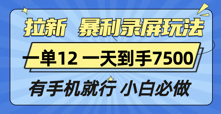 拉新暴利录屏玩法，一单12块，一天到手7500，有手机就行-财创网