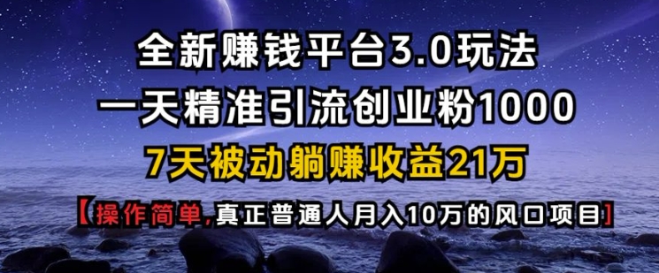 全新赚钱平台3.0玩法一天精准引流创业粉1000.7天被动躺Z收益21W【仅揭秘】-财创网